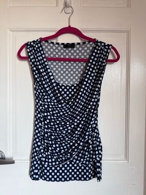 Tahari Navy, Light Blue & White Polka Dot Sleeveless Drape Neck Ruched Top